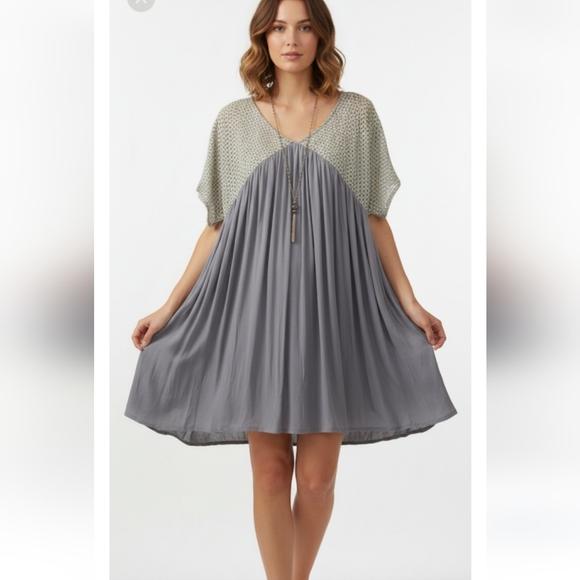 VELZERA Mixed Fabric Boho Babydoll Tunic Mini Dress Blue Medium NWT - Picture 2 of 12